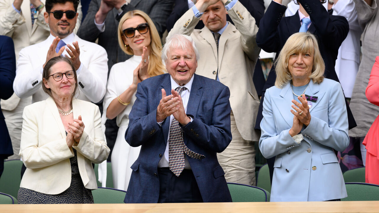 LONDON, ENGLAND - JULY 01: Susan Attenborough, Sir David Attenborough and Deborah Jevans attend day one of the Wimbledon Tennis Championships at the All England Lawn Tennis and Croquet Club on July 01, 2024 in London, England.