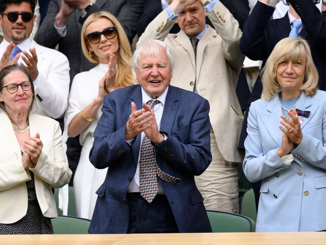 LONDON, ENGLAND - JULY 01: Susan Attenborough, Sir David Attenborough and Deborah Jevans attend day one of the Wimbledon Tennis Championships at the All England Lawn Tennis and Croquet Club on July 01, 2024 in London, England.