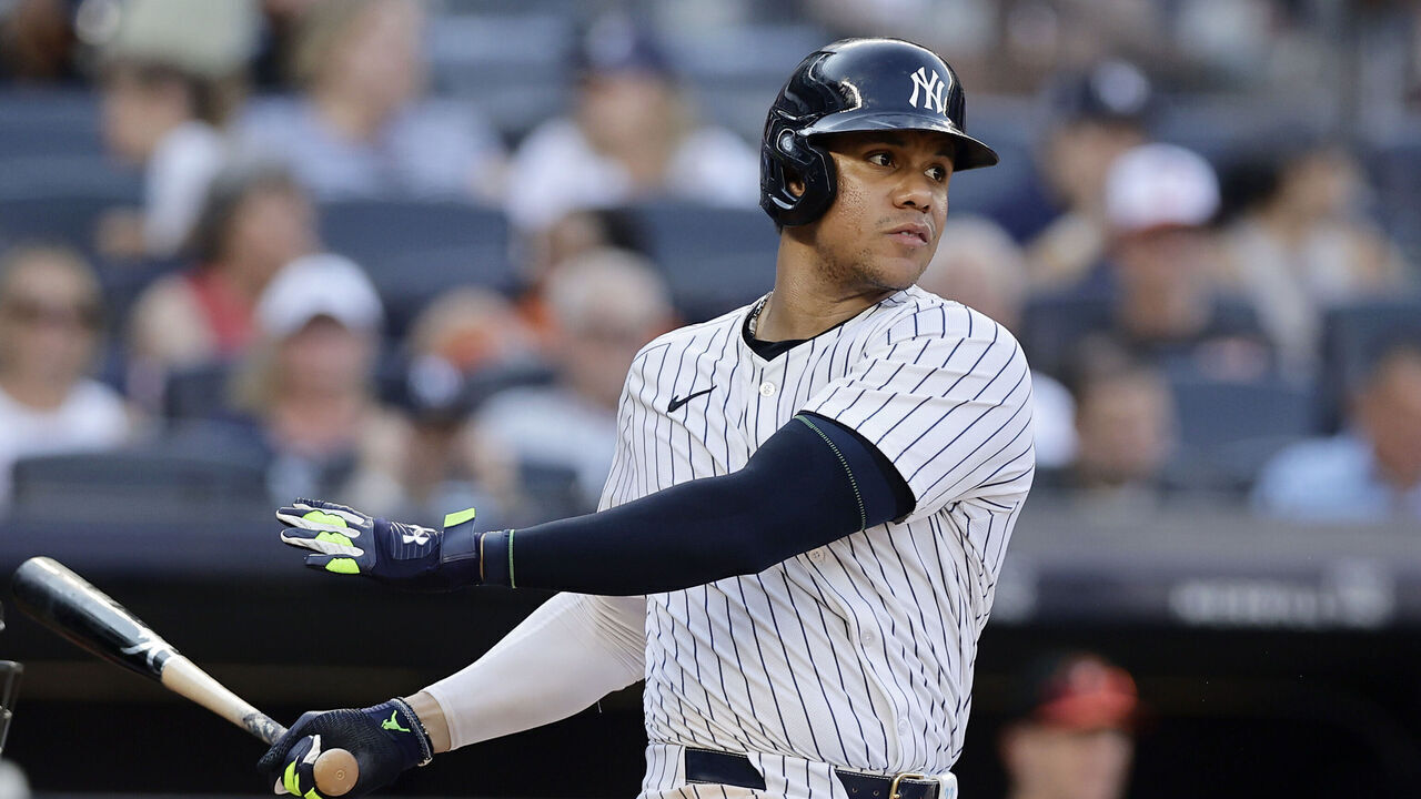 NEW YORK, NEW YORK - JUNE 20: Juan Soto #22 of the New York Yankees in action against the Baltimore Orioles at Yankee Stadium on June 20, 2024 in New York City. The Orioles defeated the Yankees 17-5.