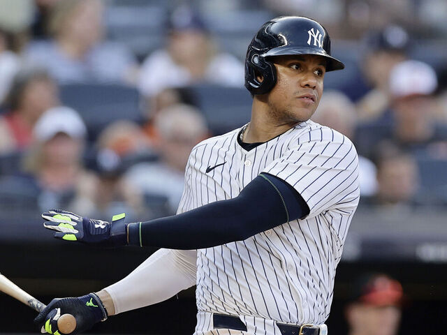 NEW YORK, NEW YORK - JUNE 20: Juan Soto #22 of the New York Yankees in action against the Baltimore Orioles at Yankee Stadium on June 20, 2024 in New York City. The Orioles defeated the Yankees 17-5.