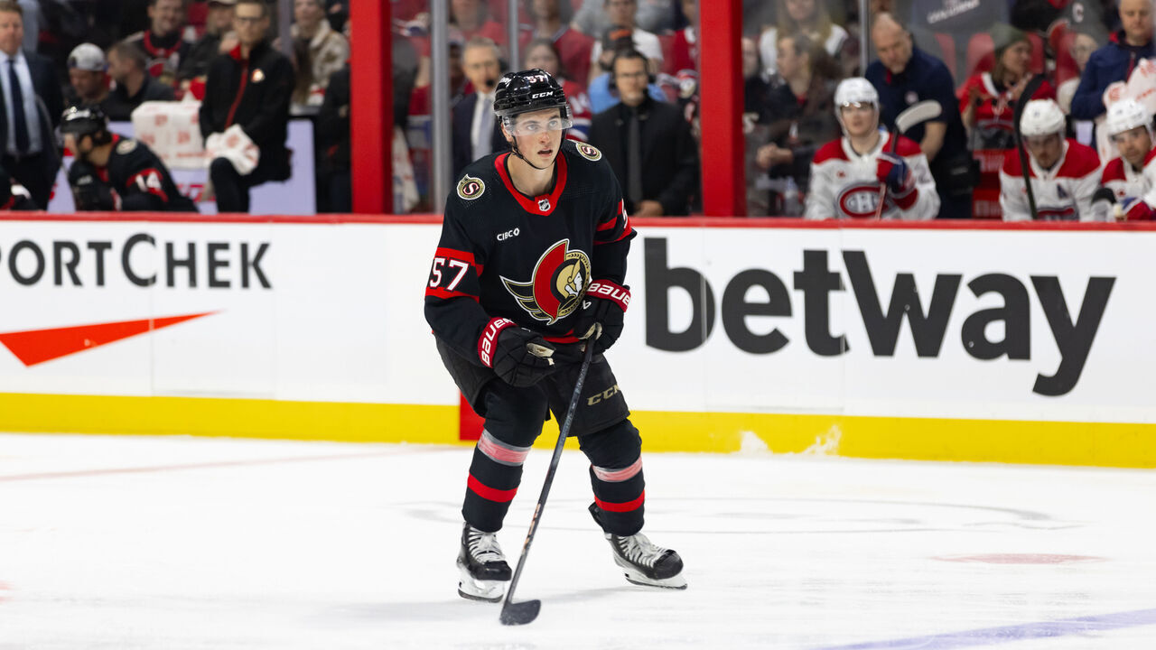 OTTAWA, ON - APRIL 13: Ottawa Senators Center Shane Pinto (57) applies pressure on the forecheck during third period National Hockey League action between the Montreal Canadiens and Ottawa Senators on April 13, 2024, at Canadian Tire Centre in Ottawa, ON, Canada.