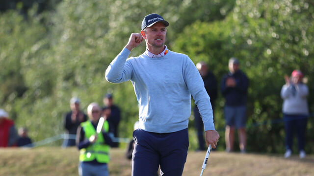 BURNHAM ON SEA, ENGLAND - JULY 2: Justin Rose of England reacts on the 18th green during Final Qualifying for the Open at Burnham and Berrow Golf Club on July 2, 2024 in Burnham on Sea, England.