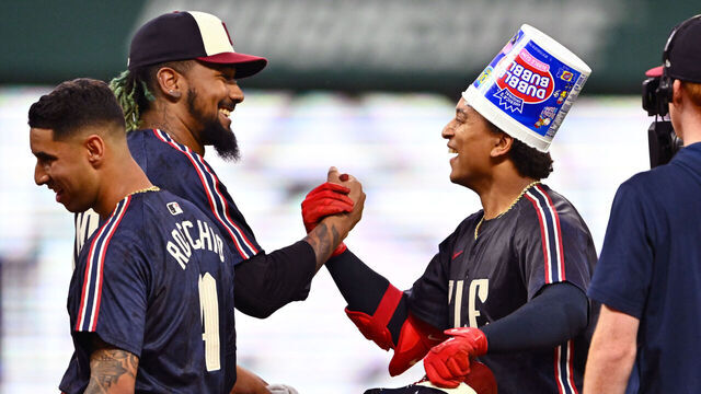 CLEVELAND, OHIO - JULY 02: Closing pitcher Emmanuel Clase #48 celebrates with Bo Naylor #23 of the Cleveland Guardians after the Guardians defeated the Chicago White Sox at Progressive Field on July 02, 2024 in Cleveland, Ohio. The Guardians defeated the White Sox 7-6.