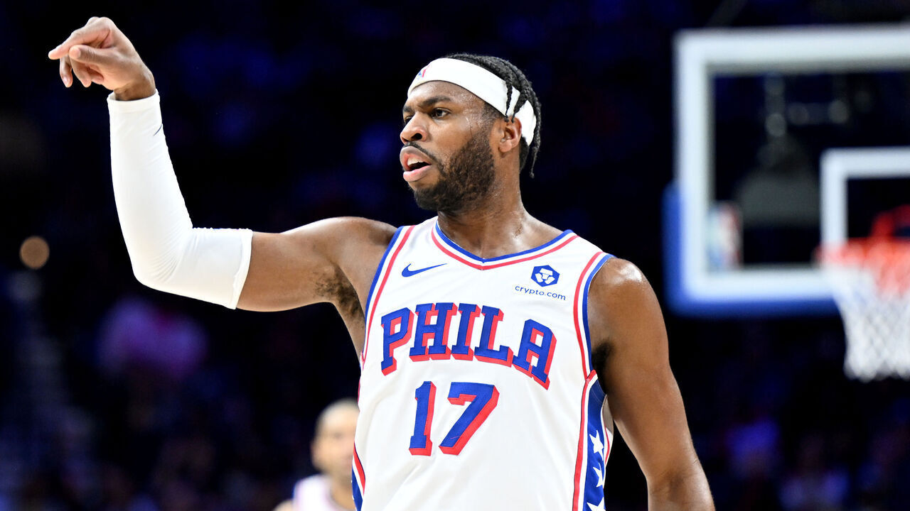 PHILADELPHIA, PENNSYLVANIA - APRIL 14: Buddy Hield #17 of the Philadelphia 76ers celebrates during the game against the Brooklyn Nets at the Wells Fargo Center on April 14, 2024 in Philadelphia, Pennsylvania.