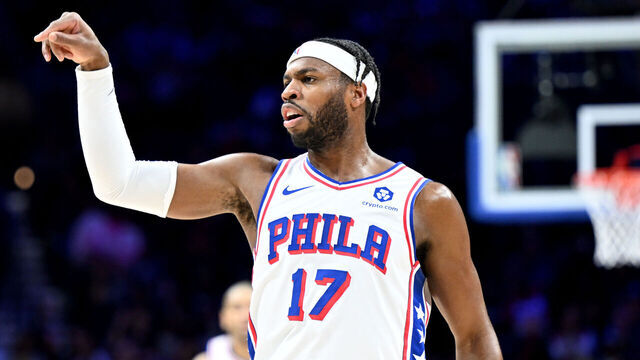 PHILADELPHIA, PENNSYLVANIA - APRIL 14: Buddy Hield #17 of the Philadelphia 76ers celebrates during the game against the Brooklyn Nets at the Wells Fargo Center on April 14, 2024 in Philadelphia, Pennsylvania.