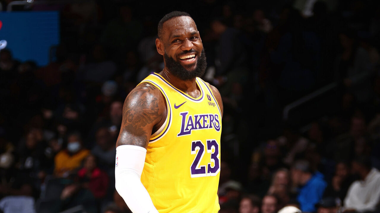 WASHINGTON, DC - APRIL 4: LeBron James #23 of the Los Angeles Lakers smiles during the game against the Washington Wizards on April 4, 2024 at Capital One Arena in Washington, DC. Mandatory Copyright Notice: Copyright 2024 NBAE