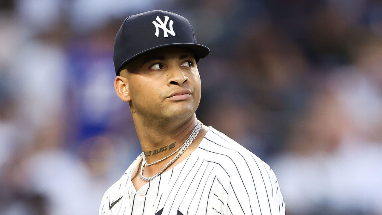NEW YORK, NEW YORK - JULY 02: Luis Gil #81 of the New York Yankees looks on against the Cincinnati Reds during the fourth inning at Yankee Stadium on July 02, 2024 in the Bronx borough of New York City.