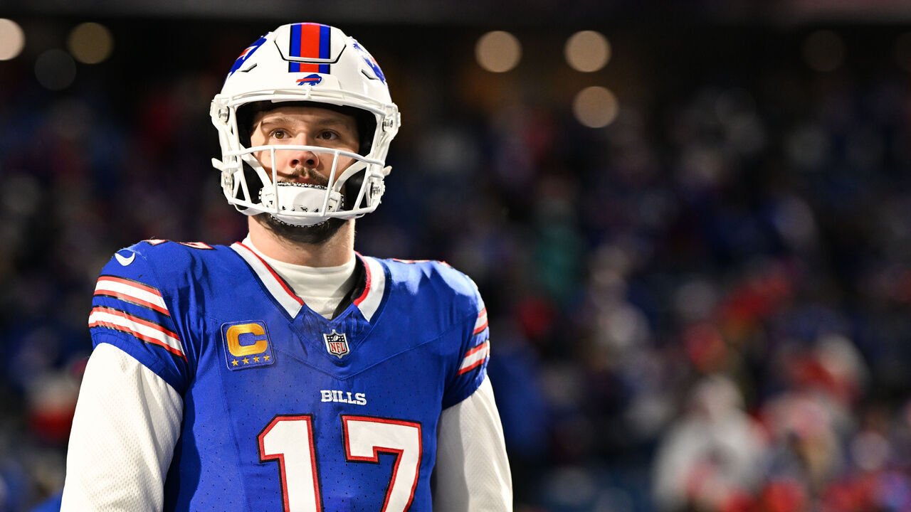 ORCHARD PARK, NY - JANUARY 21: Josh Allen #17 of the Buffalo Bills stands on the field prior to the start of the AFC Divisional Playoff game against the Kansas City Chiefs at Highmark Stadium on January 21, 2024 in Orchard Park, New York.