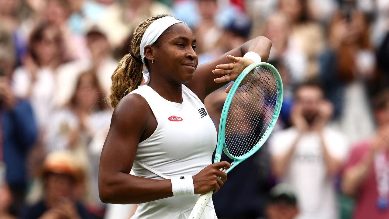 LONDON, ENGLAND - JULY 03: Coco Gauff of United States celebrates victory against Anca Todoni of Romania in her Ladies' Singles second round match during day three of The Championships Wimbledon 2024 at All England Lawn Tennis and Croquet Club on July 03, 2024 in London, England.