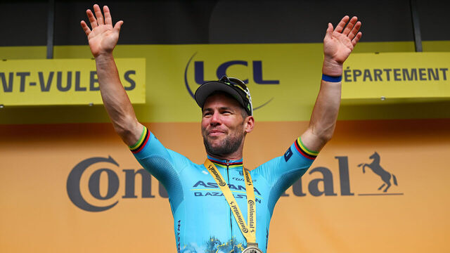 SAINT VULBAS, FRANCE - JULY 03: Mark Cavendish of The United Kingdom and Astana Qazaqstan Team celebrates at podium as stage winner during the 111th Tour de France 2024, Stage 5 a 177.4km stage from Saint-Jean-de-Maurienne to Saint Vulbas / #UCIWT / on July 03, 2024 in Saint Vulbas, France.