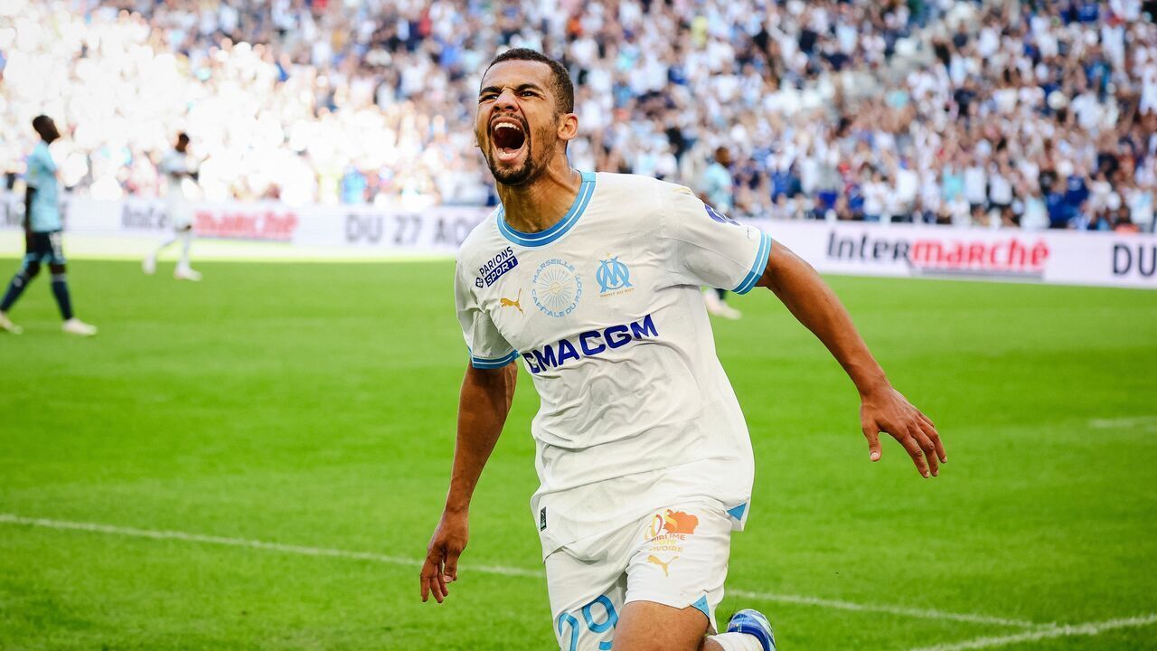 Marseille' Senegalese midfielder #29 Iliman Ndiaye celebrates after his team scored a goal during the French L1 football match between Olympique Marseille (OM) and Le Havre AC at Stade Velodrome in Marseille, southern France on Ocotber 8, 2023.