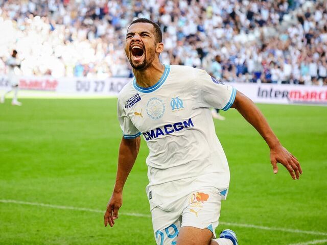 Marseille' Senegalese midfielder #29 Iliman Ndiaye celebrates after his team scored a goal during the French L1 football match between Olympique Marseille (OM) and Le Havre AC at Stade Velodrome in Marseille, southern France on Ocotber 8, 2023.