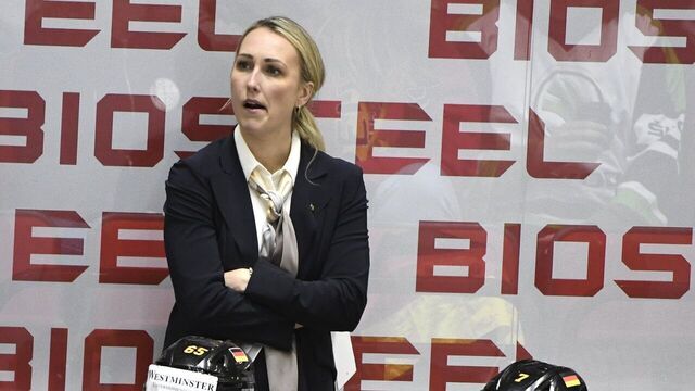 Germany's Canadian Assistant Coach Jessica Campbell follows the action during the 2022 IIHF Ice Hockey World Championships preliminary round group A match between Germany and Denmark in Helsinki on May 19, 2022. - Finland OUT