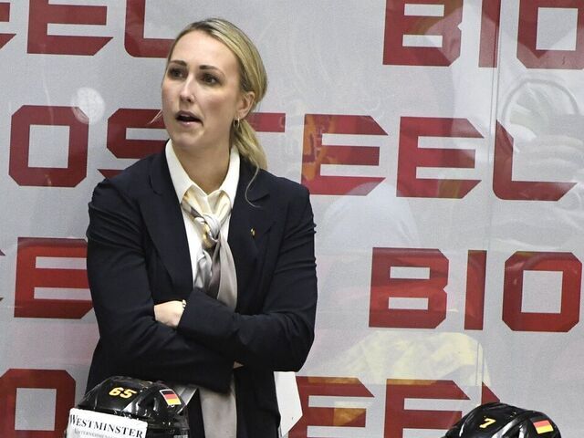 Germany's Canadian Assistant Coach Jessica Campbell follows the action during the 2022 IIHF Ice Hockey World Championships preliminary round group A match between Germany and Denmark in Helsinki on May 19, 2022. - Finland OUT