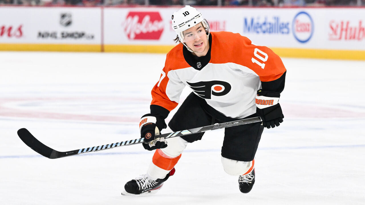 MONTREAL, CANADA - MARCH 28: Bobby Brink #10 of the Philadelphia Flyers skates during the first period against the Montreal Canadiens at the Bell Centre on March 28, 2024 in Montreal, Quebec, Canada. The Montreal Canadiens defeated the Philadelphia Flyers 4-1.