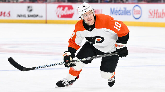 MONTREAL, CANADA - MARCH 28: Bobby Brink #10 of the Philadelphia Flyers skates during the first period against the Montreal Canadiens at the Bell Centre on March 28, 2024 in Montreal, Quebec, Canada. The Montreal Canadiens defeated the Philadelphia Flyers 4-1.