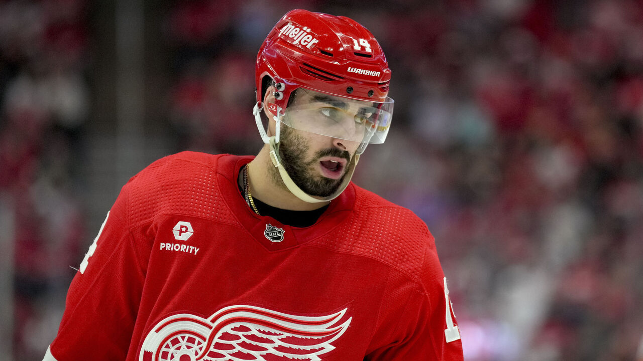 DETROIT, MICHIGAN - APRIL 09: Robby Fabbri #14 of the Detroit Red Wings looks on against the Washington Capitals at Little Caesars Arena on April 09, 2024 in Detroit, Michigan.