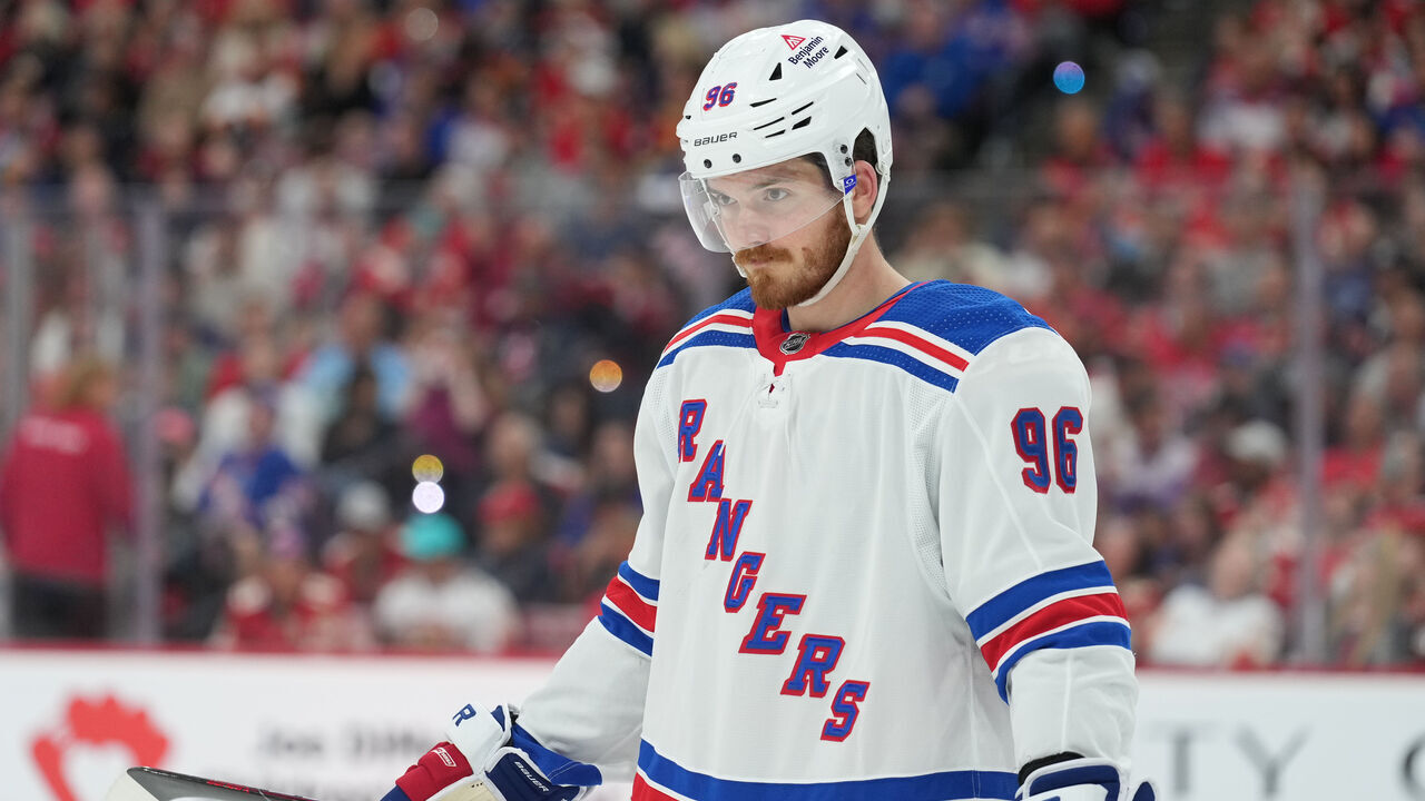 SUNRISE, FL - MAY 28: New York Rangers center Jack Roslovic (96) skates during a stop in play during game four of the Eastern Conference Finals between the New York Rangers and the Florida Panthers on Tuesday, May 28, 2024 at Amerant Bank Arena in Sunrise, Fla.