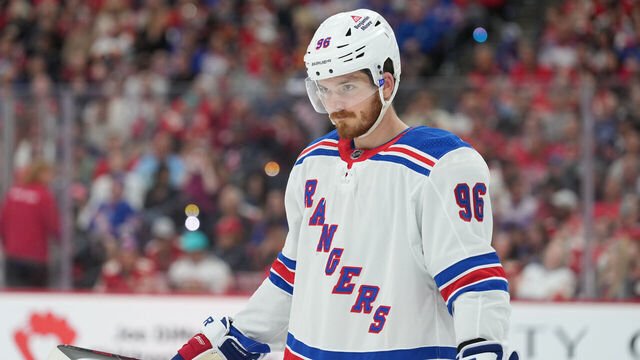 SUNRISE, FL - MAY 28: New York Rangers center Jack Roslovic (96) skates during a stop in play during game four of the Eastern Conference Finals between the New York Rangers and the Florida Panthers on Tuesday, May 28, 2024 at Amerant Bank Arena in Sunrise, Fla.