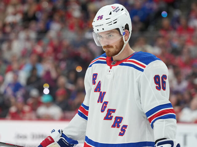 SUNRISE, FL - MAY 28: New York Rangers center Jack Roslovic (96) skates during a stop in play during game four of the Eastern Conference Finals between the New York Rangers and the Florida Panthers on Tuesday, May 28, 2024 at Amerant Bank Arena in Sunrise, Fla.