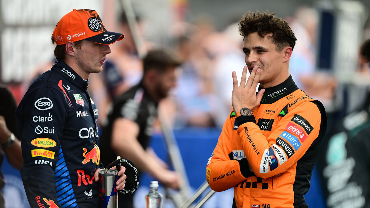 Max Verstappen of Red Bull Racing Honda Team and Lando Norris of McLaren F1 Team are speaking during qualifying of the Spanish GP, the 10th round of the Formula 1 World Championship 2024, in Circuit de Catalunya, Montmelo, Catalunya, Spain, on June 22, 2023.