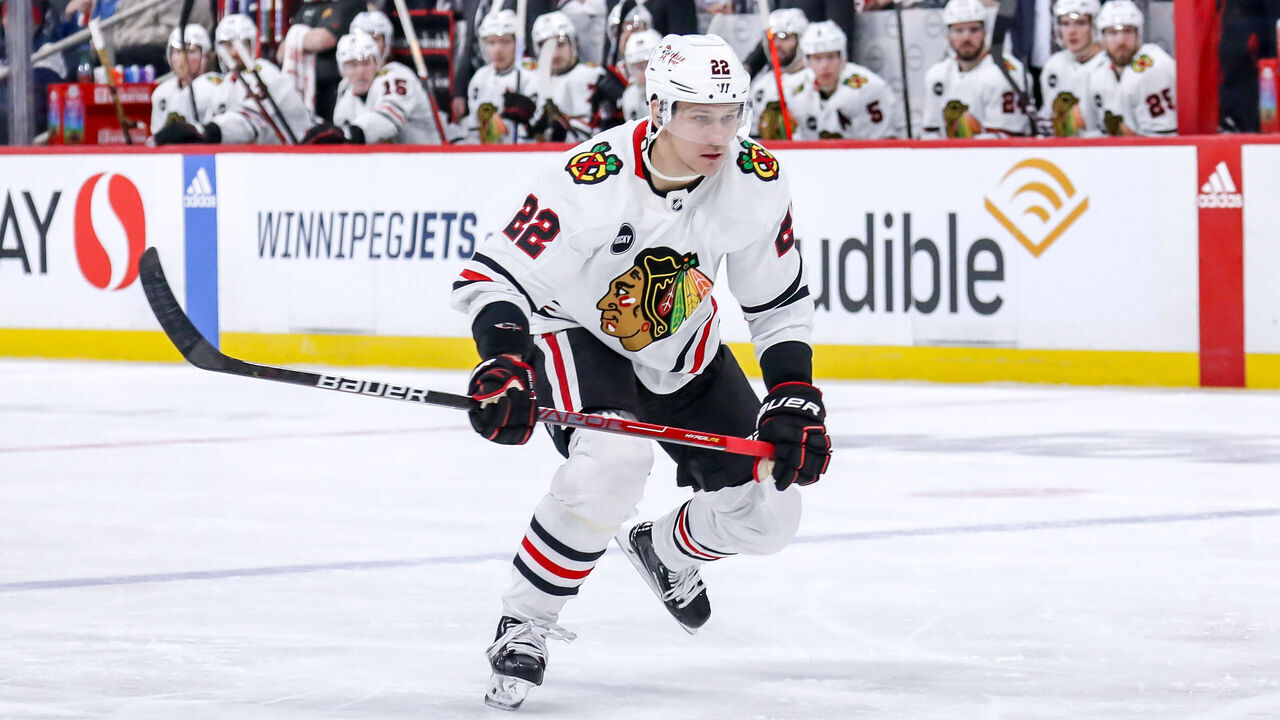 WINNIPEG, CANADA - JANUARY 11: Nikita Zaitsev #22 of the Chicago Blackhawks follows the play down the ice during second period action against the Winnipeg Jets at the Canada Life Centre on January 11, 2024 in Winnipeg, Manitoba, Canada. The Jets defeated the Hawks 2-1.