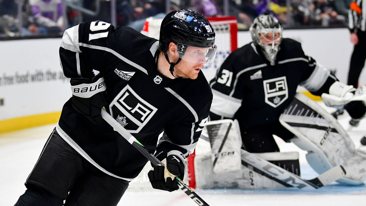 LOS ANGELES, CA - JANUARY 4: Carl Grundstrom #91 of the Los Angeles Kings skates with the puck during the second period against the Detroit Red Wings at Crypto.com Arena on January 4, 2024 in Los Angeles, California.