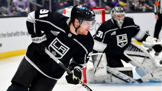 LOS ANGELES, CA - JANUARY 4: Carl Grundstrom #91 of the Los Angeles Kings skates with the puck during the second period against the Detroit Red Wings at Crypto.com Arena on January 4, 2024 in Los Angeles, California.