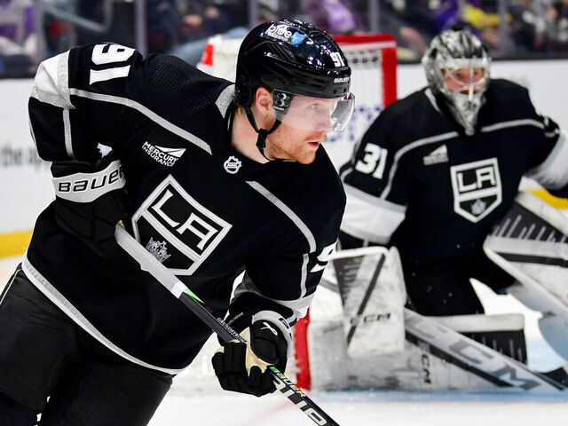 LOS ANGELES, CA - JANUARY 4: Carl Grundstrom #91 of the Los Angeles Kings skates with the puck during the second period against the Detroit Red Wings at Crypto.com Arena on January 4, 2024 in Los Angeles, California.