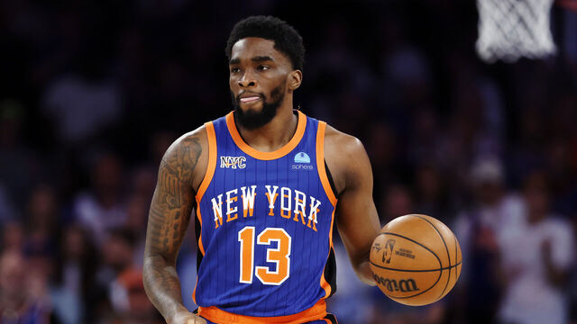 NEW YORK, NEW YORK - MAY 14: Shake Milton #13 of the New York Knicks dribbles during Game Five of the Eastern Conference Second Round Playoffs against the Indiana Pacers at Madison Square Garden on May 14, 2024 in New York City. The Knicks won 121-91.