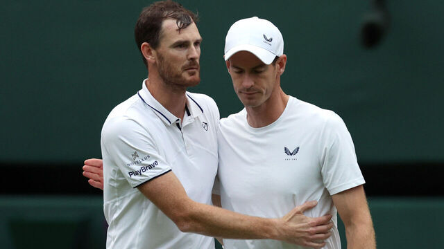 LONDON, ENGLAND - JULY 04: Jamie Murray and Andy Murray of Great Britain embrace following defeat against Rinky Hijikata and John Peers of Australia in the Gentlemen’s Doubles first round match during day four of The Championships Wimbledon 2024 at All England Lawn Tennis and Croquet Club on July 04, 2024 in London, England.