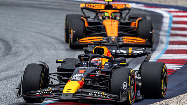 SPIELBERG, AUSTRIA - JUNE 30: Max Verstappen of Netherlands and Red Bull and Lando Norris of United Kingdom and McLaren during the F1 Grand Prix of Austria at Red Bull Ring on June 30, 2024 in Spielberg, Austria.
