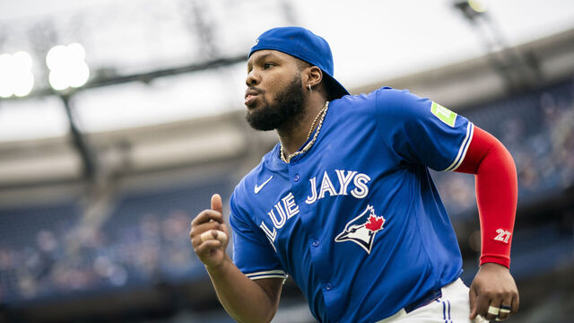 TORONTO, ON - JULY 2: Vladimir Guerrero Jr. #27 of Toronto Blue Jays takes the field for warm ups ahead of playing the Houston Astros in their MLB game at the Rogers Centre on July 2, 2024 in Toronto, Ontario, Canada.