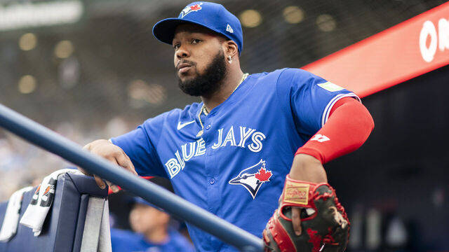 TORONTO, ON - JULY 2: Vladimir Guerrero Jr. #27 of Toronto Blue Jays looks on from the dugout before playing the Houston Astros in their MLB game at the Rogers Centre on July 2, 2024 in Toronto, Ontario, Canada.