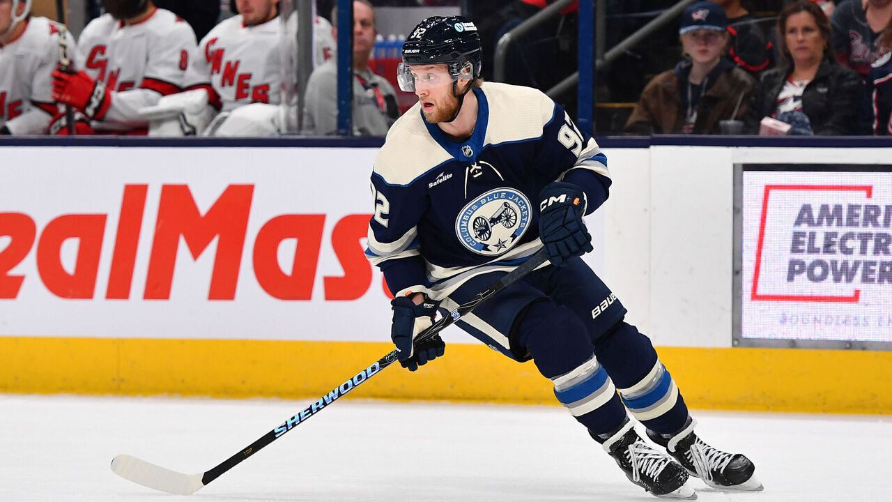 COLUMBUS, OHIO - FEBRUARY 29: Alexander Nylander #92 of the Columbus Blue Jackets skates during the first period of a game against the Carolina Hurricanes at Nationwide Arena on February 29, 2024 in Columbus, Ohio.