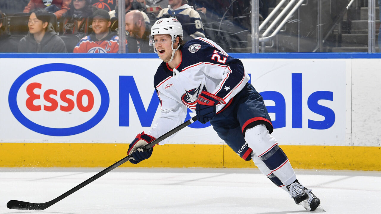 EDMONTON, CANADA - JANUARY 23: Adam Boqvist #27 of the Columbus Blue Jackets skates during the game against the Edmonton Oilers at Rogers Place on January 23, 2024, in Edmonton, Alberta, Canada.