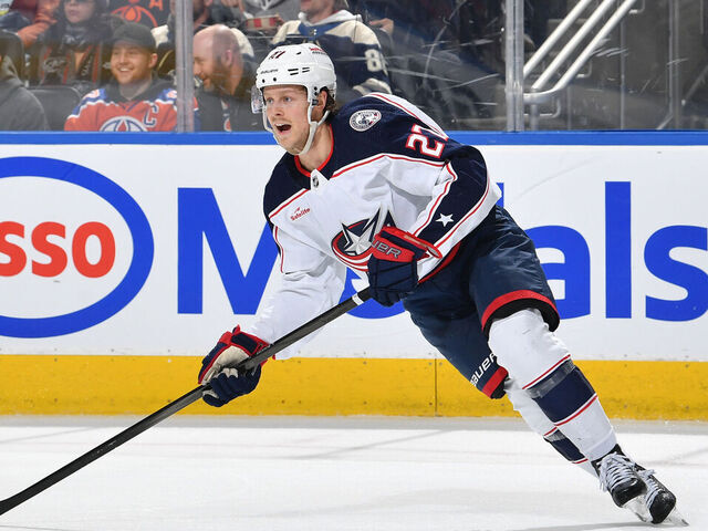 EDMONTON, CANADA - JANUARY 23: Adam Boqvist #27 of the Columbus Blue Jackets skates during the game against the Edmonton Oilers at Rogers Place on January 23, 2024, in Edmonton, Alberta, Canada.