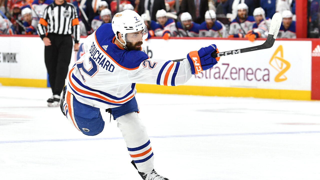 SUNRISE, FLORIDA - JUNE 24: Evan Bouchard #2 of the Edmonton Oilers follows through on his shot during the first period of Game Seven of the 2024 Stanley Cup Final between the Edmonton Oilers and the Florida Panthers at Amerant Bank Arena on June 24, 2024 in Sunrise, Florida.
