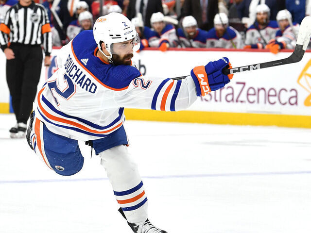 SUNRISE, FLORIDA - JUNE 24: Evan Bouchard #2 of the Edmonton Oilers follows through on his shot during the first period of Game Seven of the 2024 Stanley Cup Final between the Edmonton Oilers and the Florida Panthers at Amerant Bank Arena on June 24, 2024 in Sunrise, Florida.
