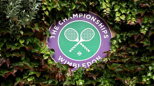 LONDON, ENGLAND - JULY 03: A detailed view of The Championships Wimbledon logo seen on a wall during day three of The Championships Wimbledon 2024 at All England Lawn Tennis and Croquet Club on July 03, 2024 in London, England.