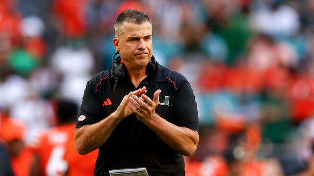 MIAMI GARDENS, FLORIDA - OCTOBER 28: Head coach Mario Cristobal of the Miami Hurricanes looks on during the second half of the game against the Virginia Cavaliers at Hard Rock Stadium on October 28, 2023 in Miami Gardens, Florida.