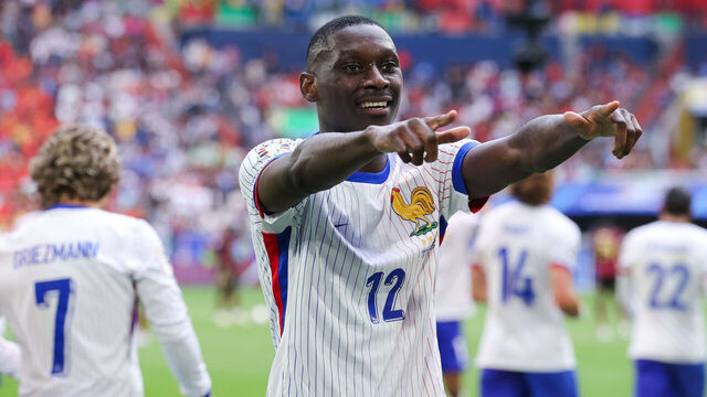 DUSSELDORF, GERMANY - JULY 01: Randal Kolo Muani of France celebrates after his side's first goal, an own goal by Jan Vertonghen of Belgium, during the UEFA EURO 2024 round of 16 match between France and Belgium at Düsseldorf Arena on July 01, 2024 in Dusseldorf, Germany.