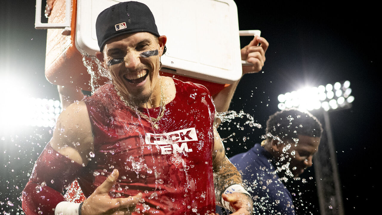 BOSTON, MA - JUNE 24: Jarren Duran #16 of the Boston Red Sox reacts as he is doused with ice water by Reese McGuire #3 of the Boston Red Sox after hitting a game-winning RBI walk-off single during the ninth inning against the Toronto Blue Jays on June 24, 2024 at Fenway Park in Boston, Massachusetts.
