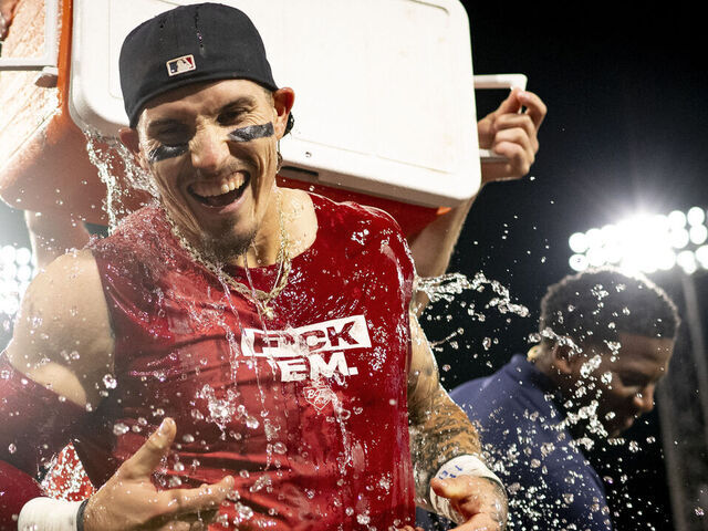BOSTON, MA - JUNE 24: Jarren Duran #16 of the Boston Red Sox reacts as he is doused with ice water by Reese McGuire #3 of the Boston Red Sox after hitting a game-winning RBI walk-off single during the ninth inning against the Toronto Blue Jays on June 24, 2024 at Fenway Park in Boston, Massachusetts.
