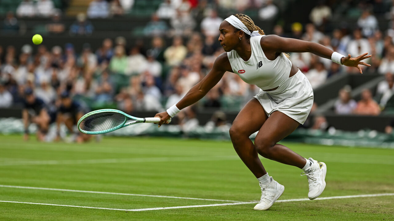 LONDON, ENGLAND - JULY 05: Coco Gauff of the United States in action against Sonay Kartal of Great Britain in the Ladies's third round match during day five of The Championships Wimbledon 2024 at All England Lawn Tennis and Croquet Club on July 05, 2024 in London, England.