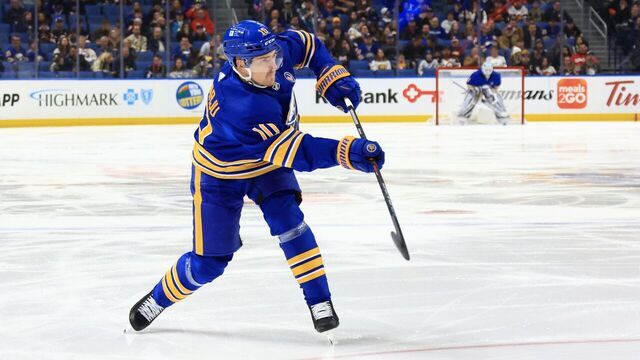 BUFFALO, NEW YORK - MARCH 27: Henri Jokiharju #10 of the Buffalo Sabres shoots the puck against the Ottawa Senators during an NHL game on March 27, 2024 at KeyBank Center in Buffalo, New York.