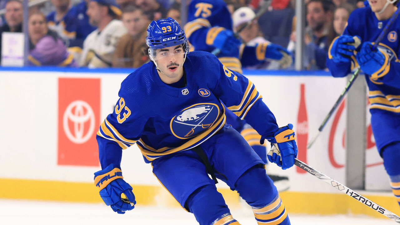 BUFFALO, NEW YORK - NOVEMBER 10: Matt Savoie #93 of the Buffalo Sabres skates in his first NHL game against the Minnesota Wild on November 10, 2023 at KeyBank Center in Buffalo, New York.