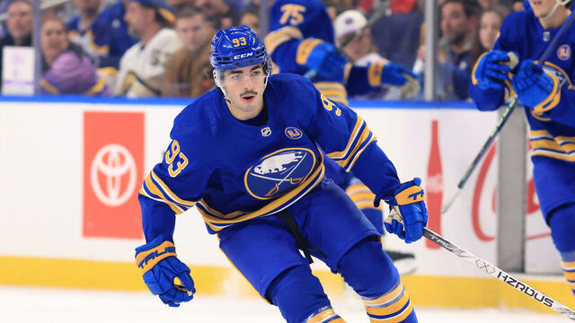 BUFFALO, NEW YORK - NOVEMBER 10: Matt Savoie #93 of the Buffalo Sabres skates in his first NHL game against the Minnesota Wild on November 10, 2023 at KeyBank Center in Buffalo, New York.