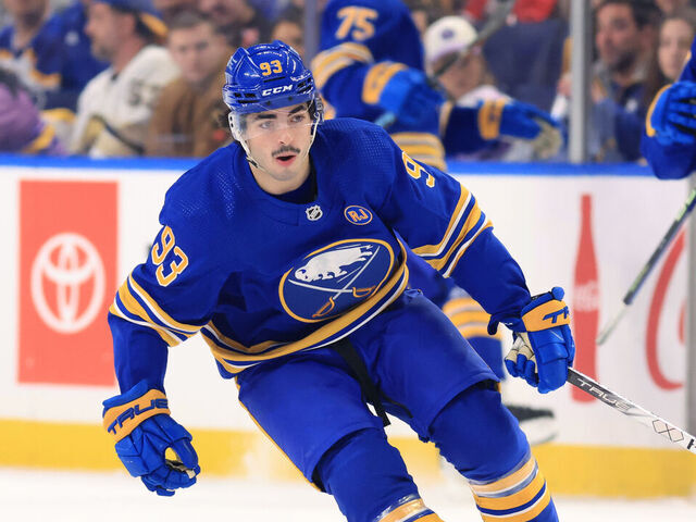 BUFFALO, NEW YORK - NOVEMBER 10: Matt Savoie #93 of the Buffalo Sabres skates in his first NHL game against the Minnesota Wild on November 10, 2023 at KeyBank Center in Buffalo, New York.