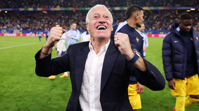 HAMBURG, GERMANY - JULY 05: Didier Deschamps, Head Coach of France, celebrates following the team's victory in the penalty shoot out during the UEFA EURO 2024 quarter-final match between Portugal and France at Volksparkstadion on July 05, 2024 in Hamburg, Germany.